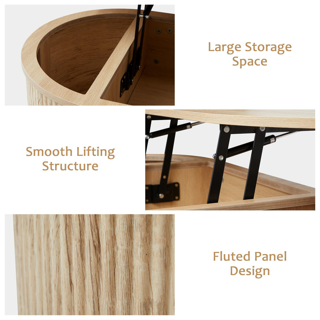 Fluted with Lifting Top, Oval Wood Lift Top with Hidden Compartment, Mid Century Pull up Center Tables - Natural