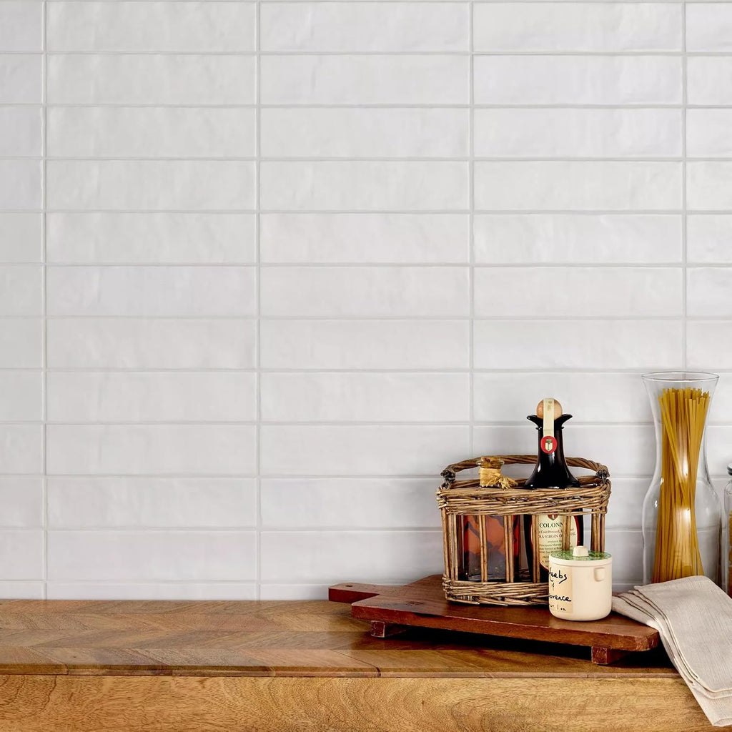 2x8 Matte White Handmade Look Ceramic Wall Tile - Wavy Surface Spanish Subway Tile Backsplash, Bathroom, and