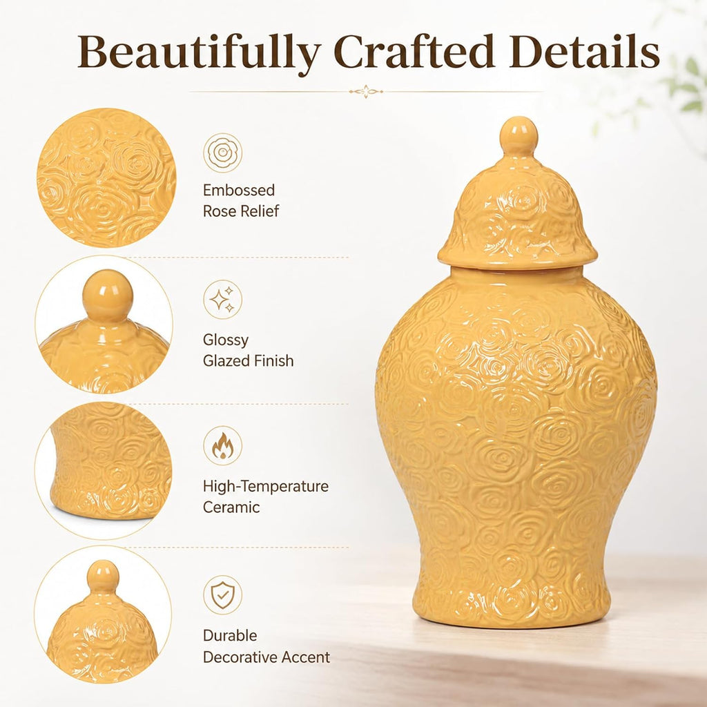 Small Ceramic Ginger Jar with Lid, 6 Inch Yellow Ginger Jar Vase Decor, Mini Porcelain Vase with Embossed Rose