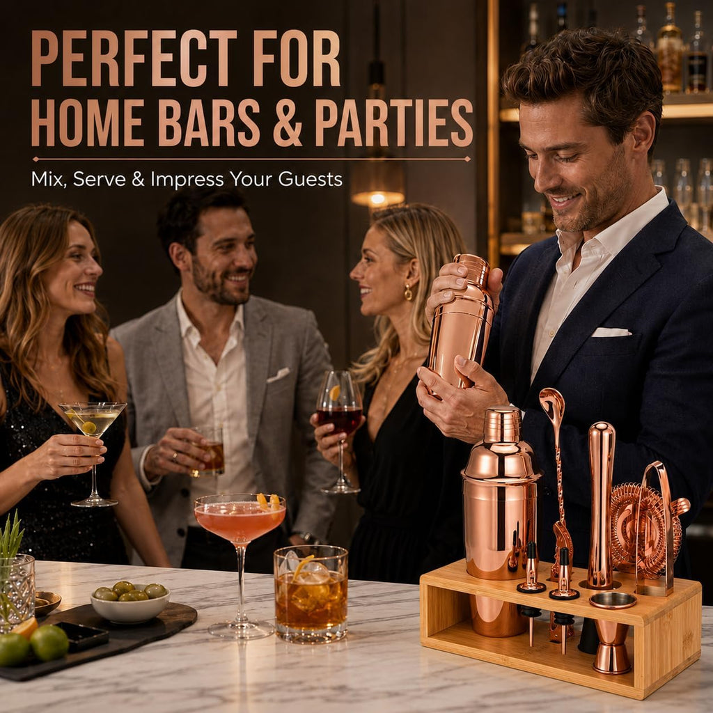 Rose Gold Cocktail Shaker Set, Premium 18/8 Stainless Steel Mixology Bartender Kit with Stylish Bamboo Stand 10-Piece - Set of 10