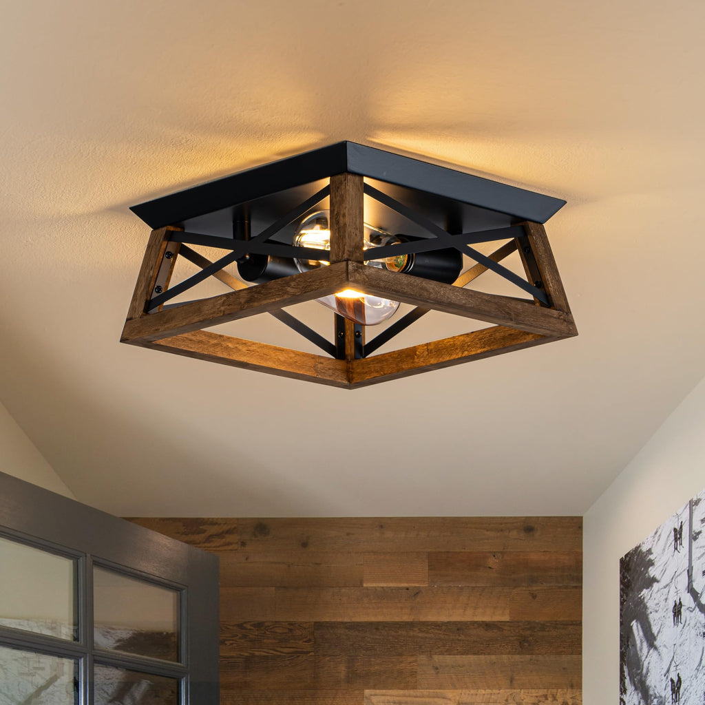 2-Light Farmhouse Light Fixture, Rustic Ceiling Light with Wood and Metal Design, Wood Ceiling Light, Cabinet