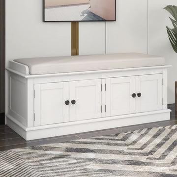 Farmhouse Storage Bench, Wood Storage Benches with Adjustable Shelves, Shoe Bench with Storage and Removable Cushion
