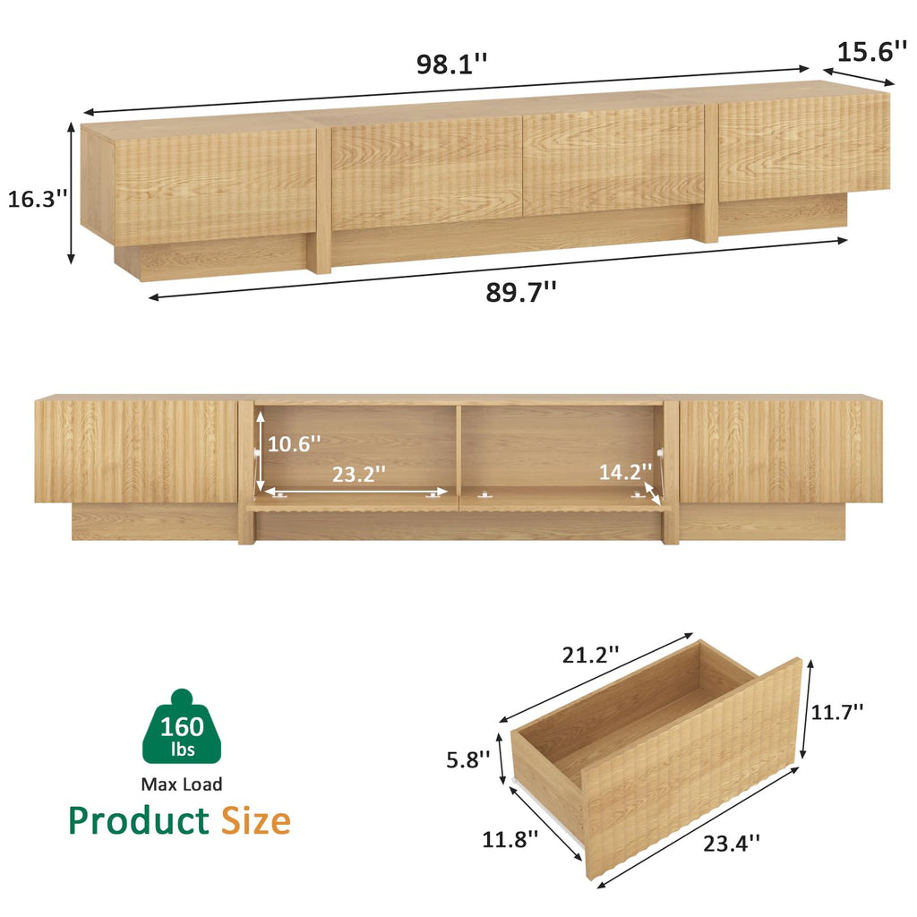 Fluted TV Stand and Coffee Table Set of 2, Rectangular, Natural