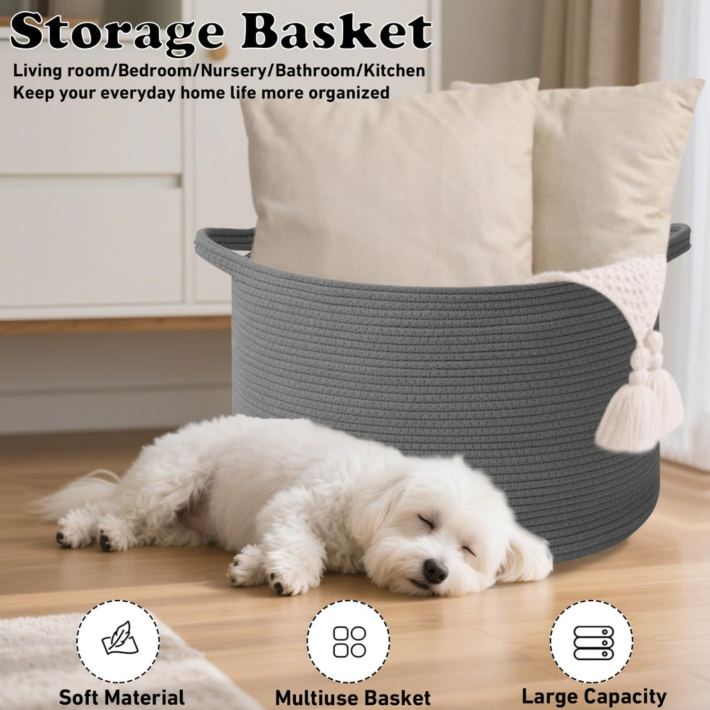 90L Extra Large Blanket Basket,Woven Rope Laundry Basket-Dark Grey