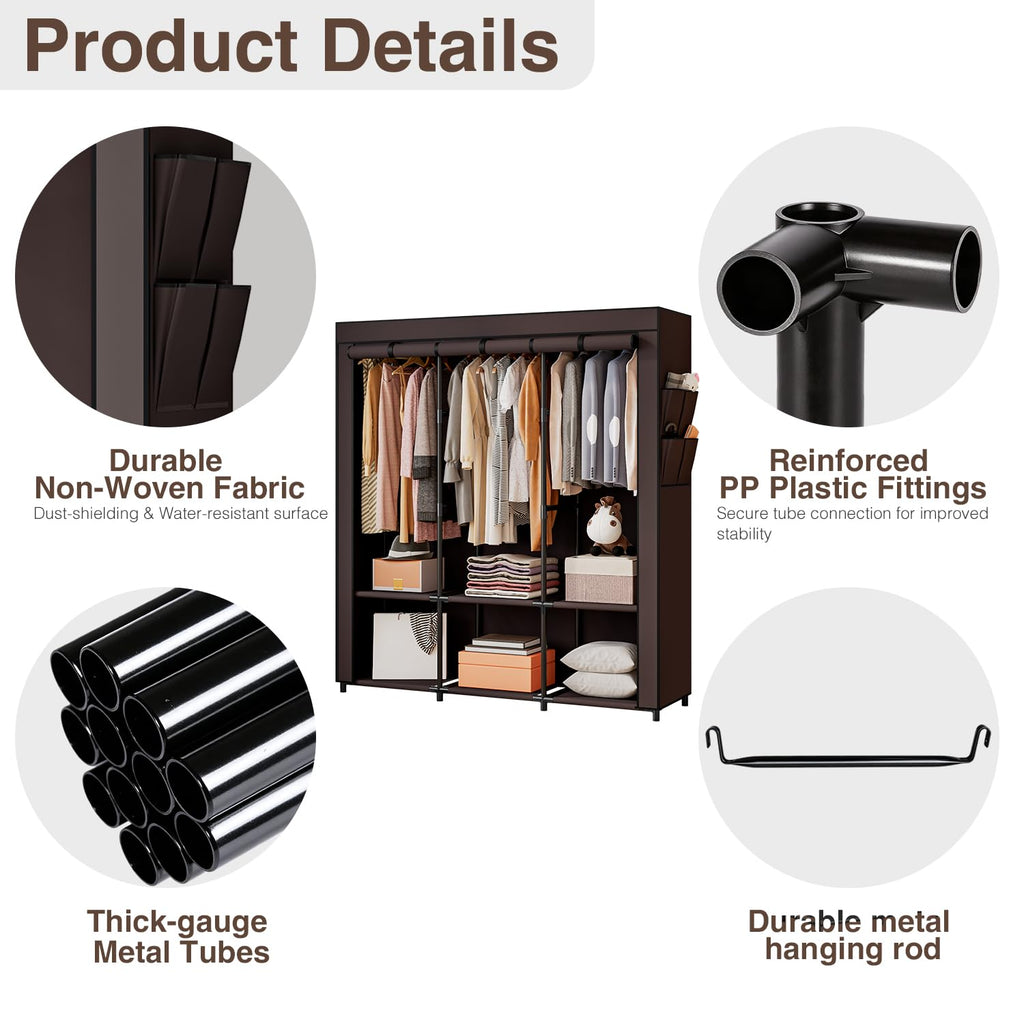 Portable Closet Wardrobe with Hanging Rods Shelves Clothes Storage