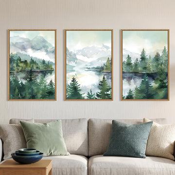 Watercolor Mountain Forest Framed Canvas Wall Art Set-16"x24"x3