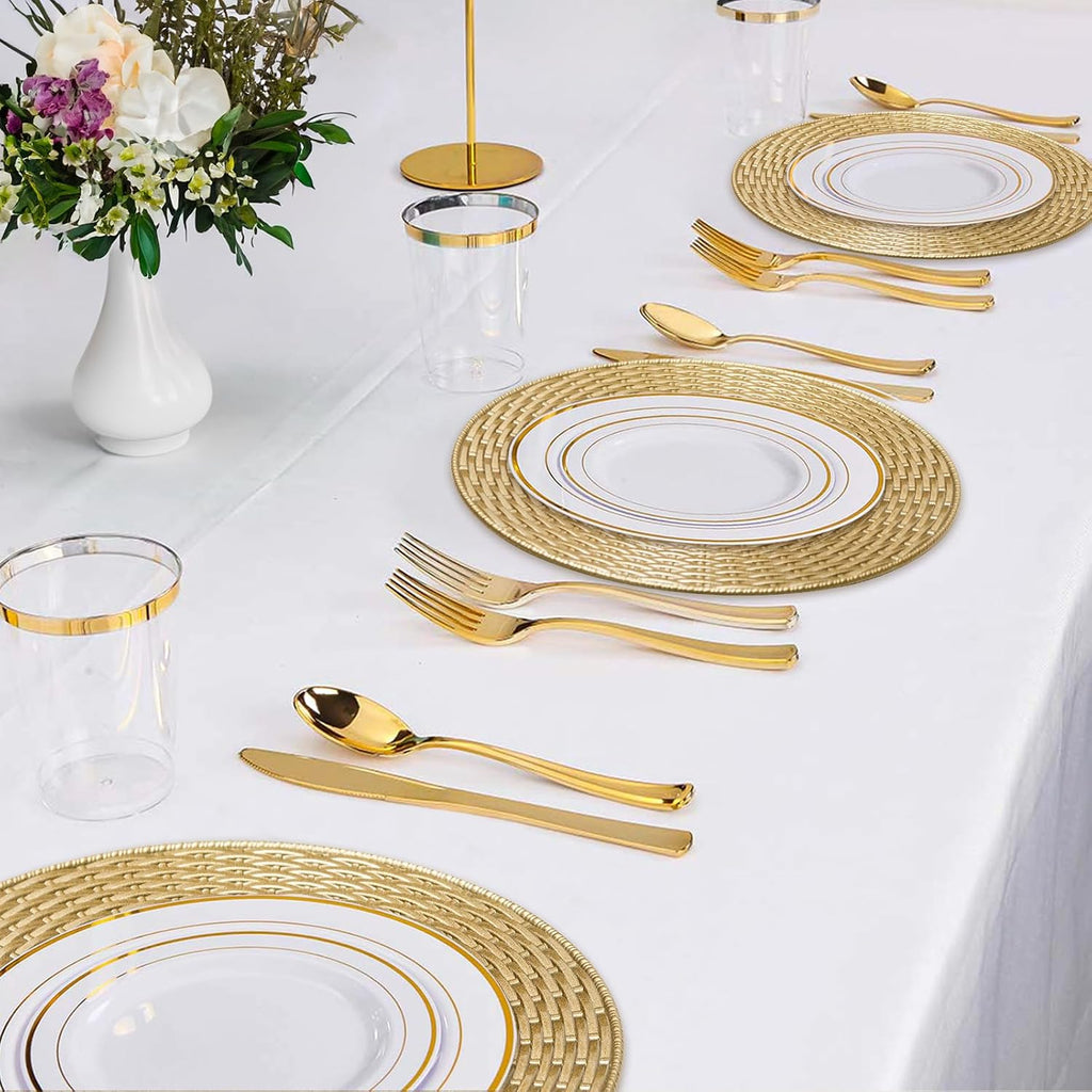 Faux Rattan Charger Plates, Round Gold Plate Chargers - Set of 12