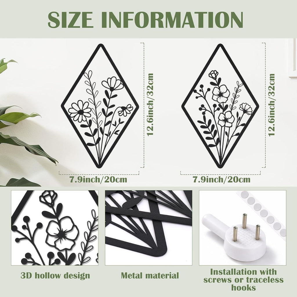 Metal Wall Art, Metal Flower Wall Decor, Black - Set of 2