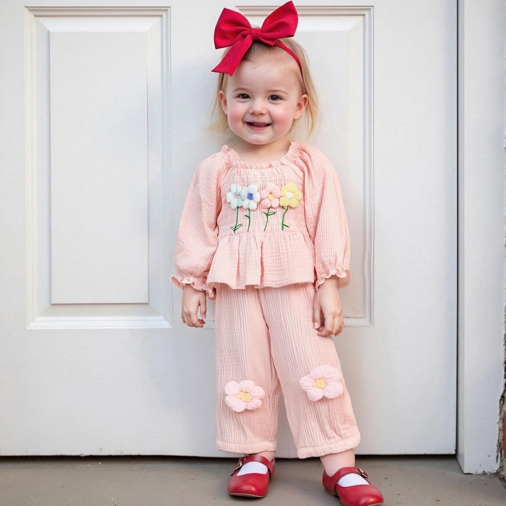 Toddler Baby Girl Outfits Infant Puff Sleeve Smocked Floral Tops Pants Cute Kids Girls Fall Winter Clothes Set