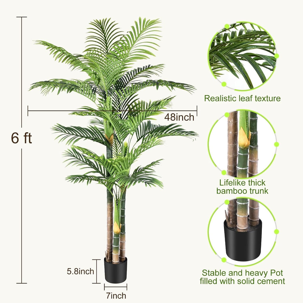 6ft Tall Triple Golden Cane Palm Artificial Tree Large Tropical Palm Tree UV Resistant Fake Plant in Pot Outdoor Big