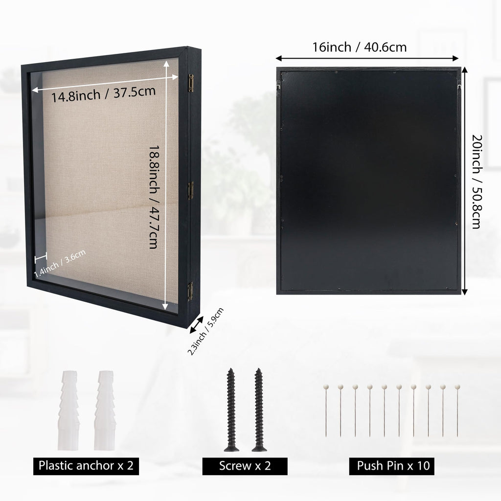 16x20 Wood Shadow Box Frame Glass Door Display Case with Linen Back and 6 Stick Pins, 1.5 inches Interior Depth, Ideal