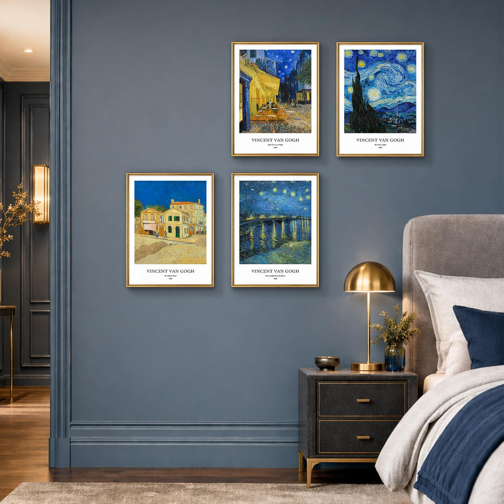 Van Gogh Starry Night Wall Art Set of 4, 12x16 Unframed Giclee Prints, Cafe Terrace at Night, Yellow House, Blue Gold