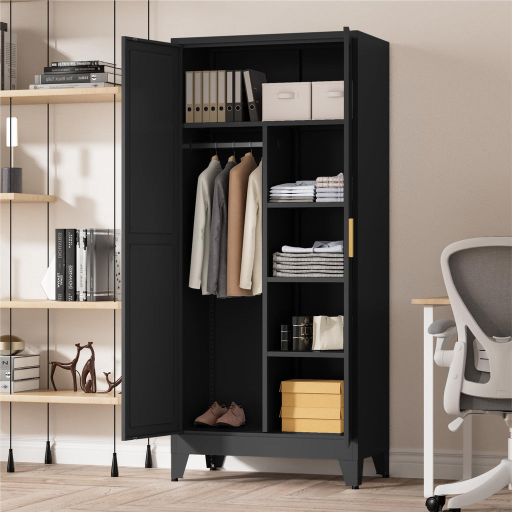 71" Tall Metal Wardrobe Closet with Adjustable Shelves and Hanging Rod, 2 Doors Office Storage Locker Cabinet