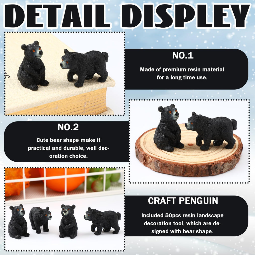 50 Pcs Mini Black Resin Bears, Tiny Wildlife Figurines for Crafts