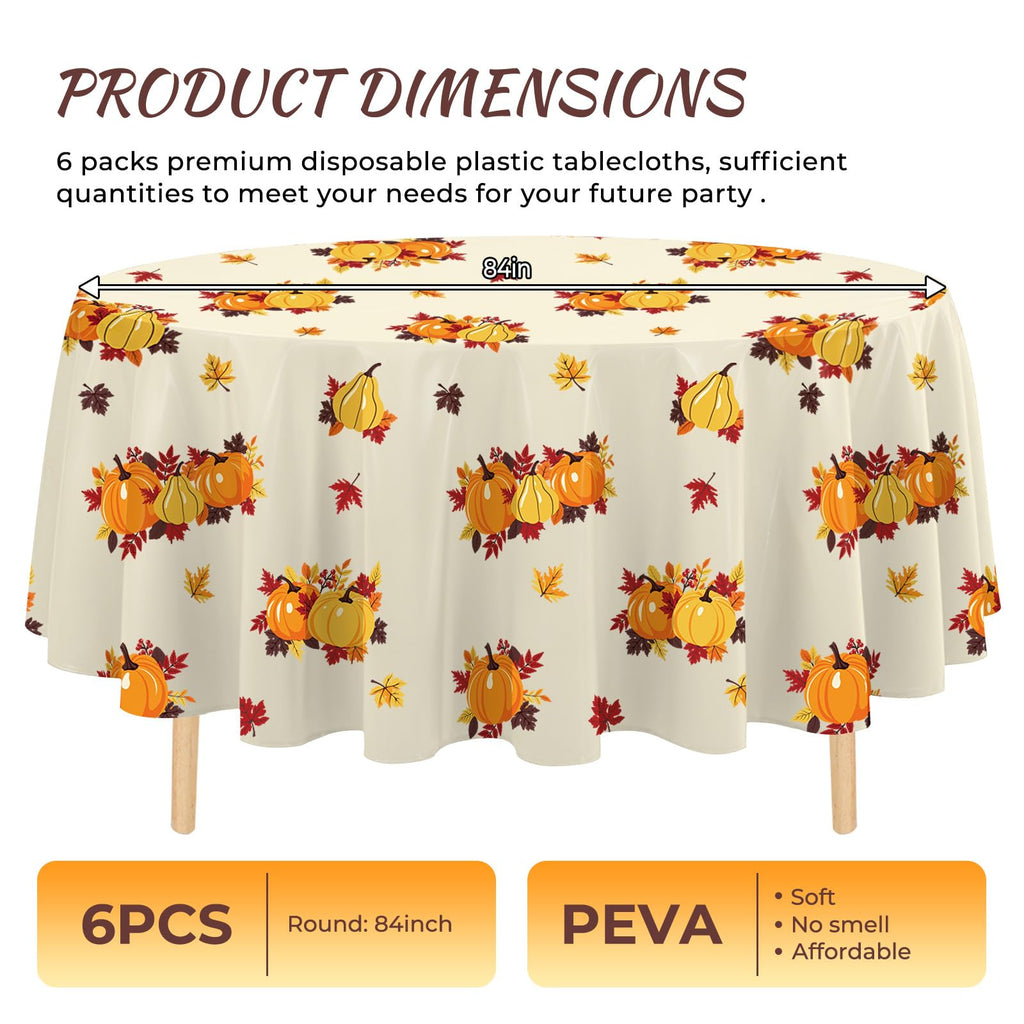 6 Pack Thanksgiving Tablecloth 84 Inch Fall Plastic Tablecloth Disposable Round Tablecloth, Thanksgiving Decorations