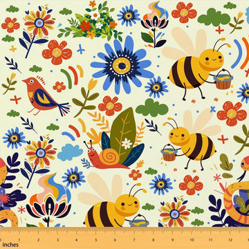 Bee Fabric By The Yard, Cartoon Bird Floral Upholstery Fabric, Leaves Cute Snail Kawaii Wild Animals Nature Indoor