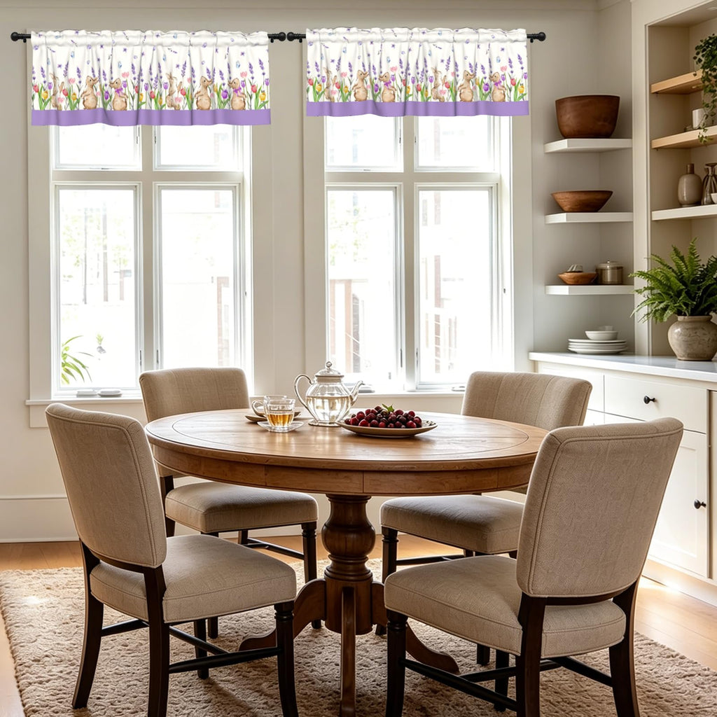 Easter Rabbit Curtain Valance Lavender Floral Short Kitchen Valances 2 Panel Rod Pocket Blackout Drapes Dining Room
