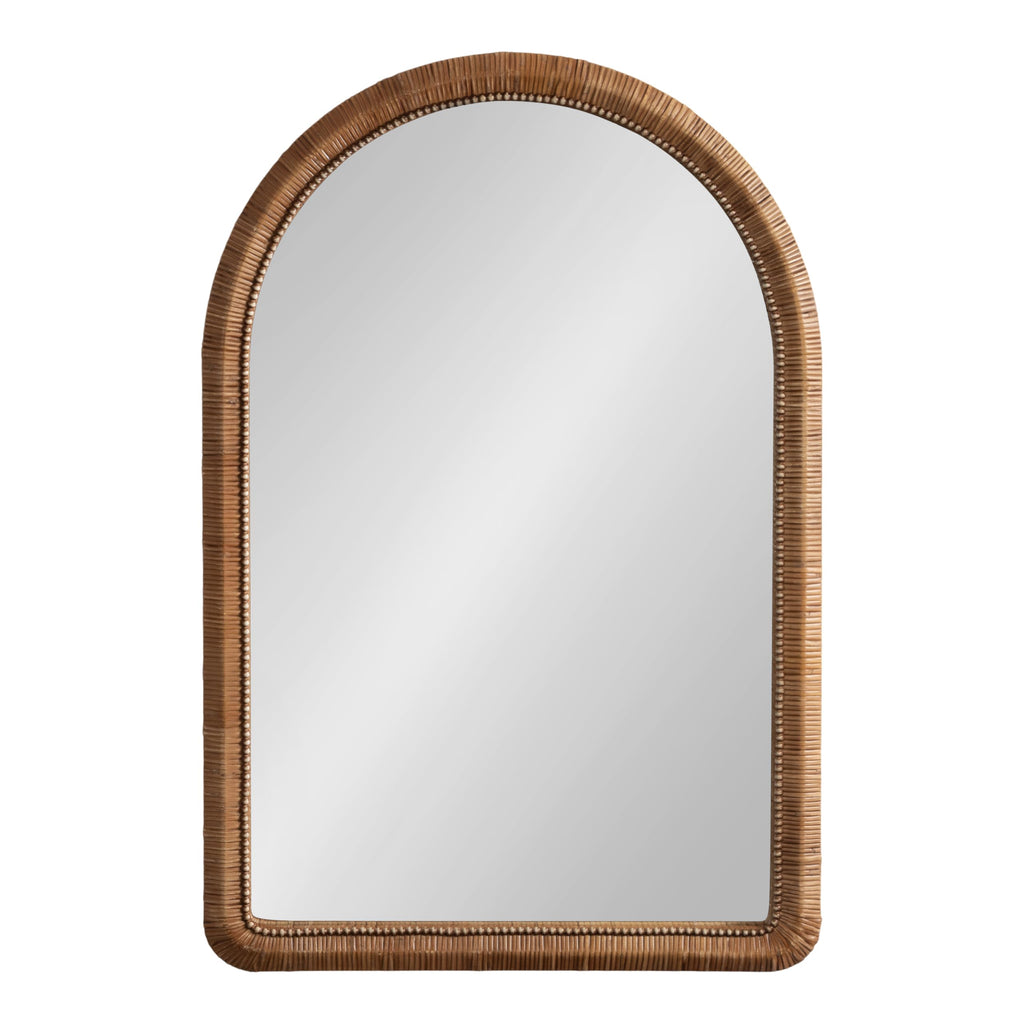 Rahfy Boho Beaded Arched Rattan Wall Mirror, 24 x 36, Dark Natural Wood, Decorative Rounded Arch Mirror with
