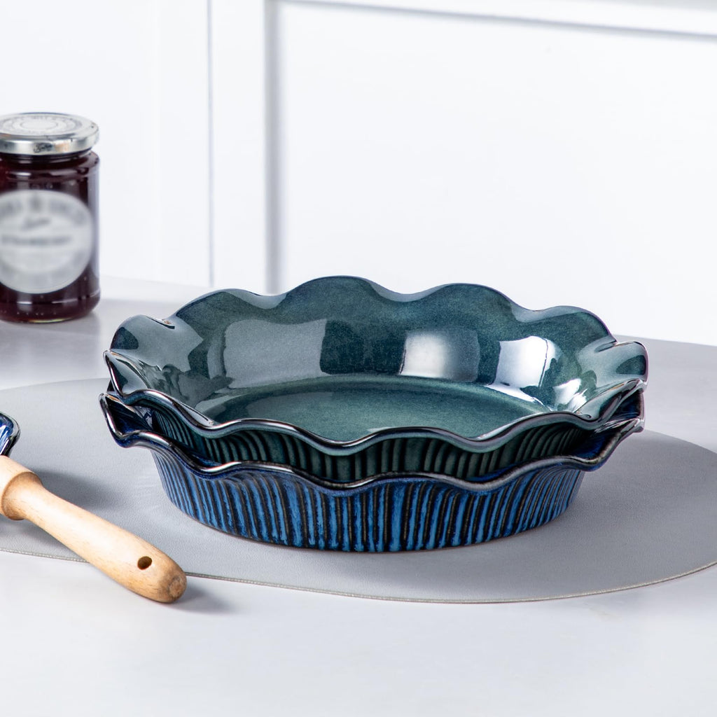 9 Inch Pie Pan for Baking, Ceramic Pie Dish with Ruffled Edge