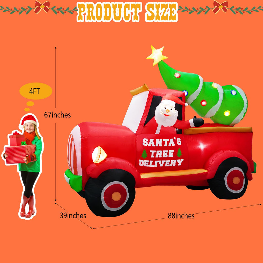 7FT Length Christmas Inflatable Santa Driving Truck with Christmas Tree Decoration, Xmas Blow Up Santa Inflatables