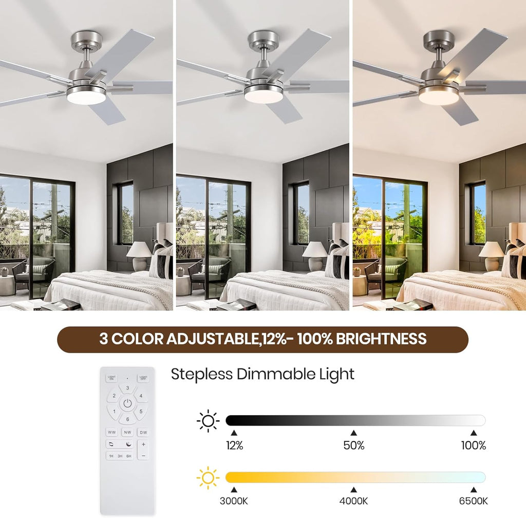 Ceiling Fans with Lights, 52 inch Brushed Nickel Ceiling Fans with Lights and Remote Control, Reversible, 3CCT