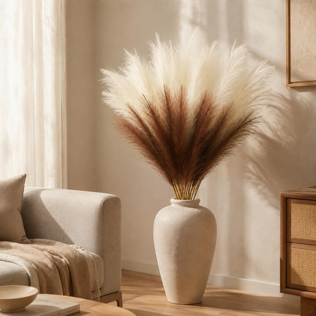Artificial Pampas Grass, 9 Pcs 45" Mixed Color Off-White & Brown