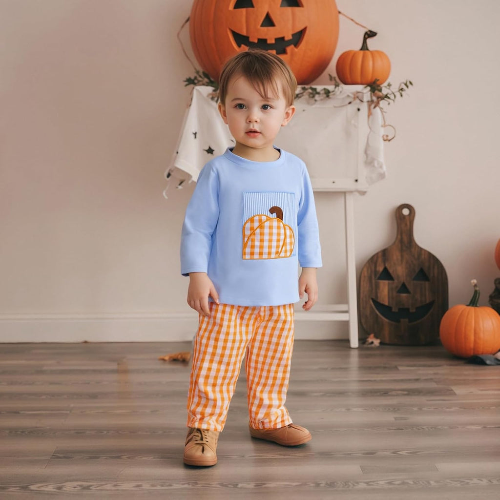 Toddler Baby Boy Fall Clothes Embroidery Shirt Top Elastic Waist Plaid Pants Set Trendy 2 Piece Outfit