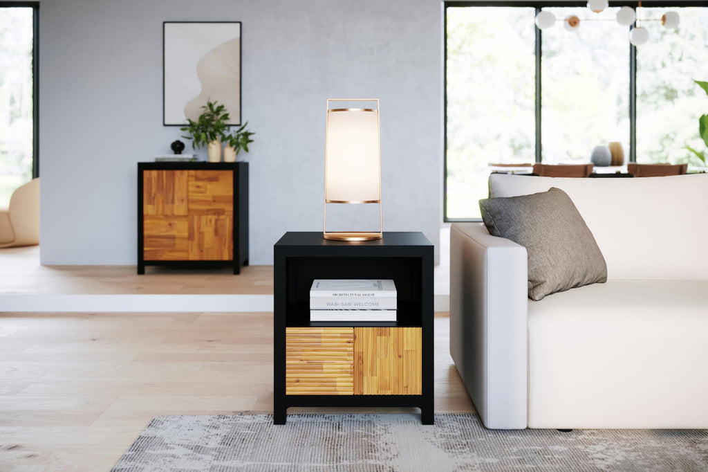 Madia Wood Nightstand, Fully Assembled Mid-Century Modern Side Table in Black and Teak Brown, Elegant Bedroom Decor