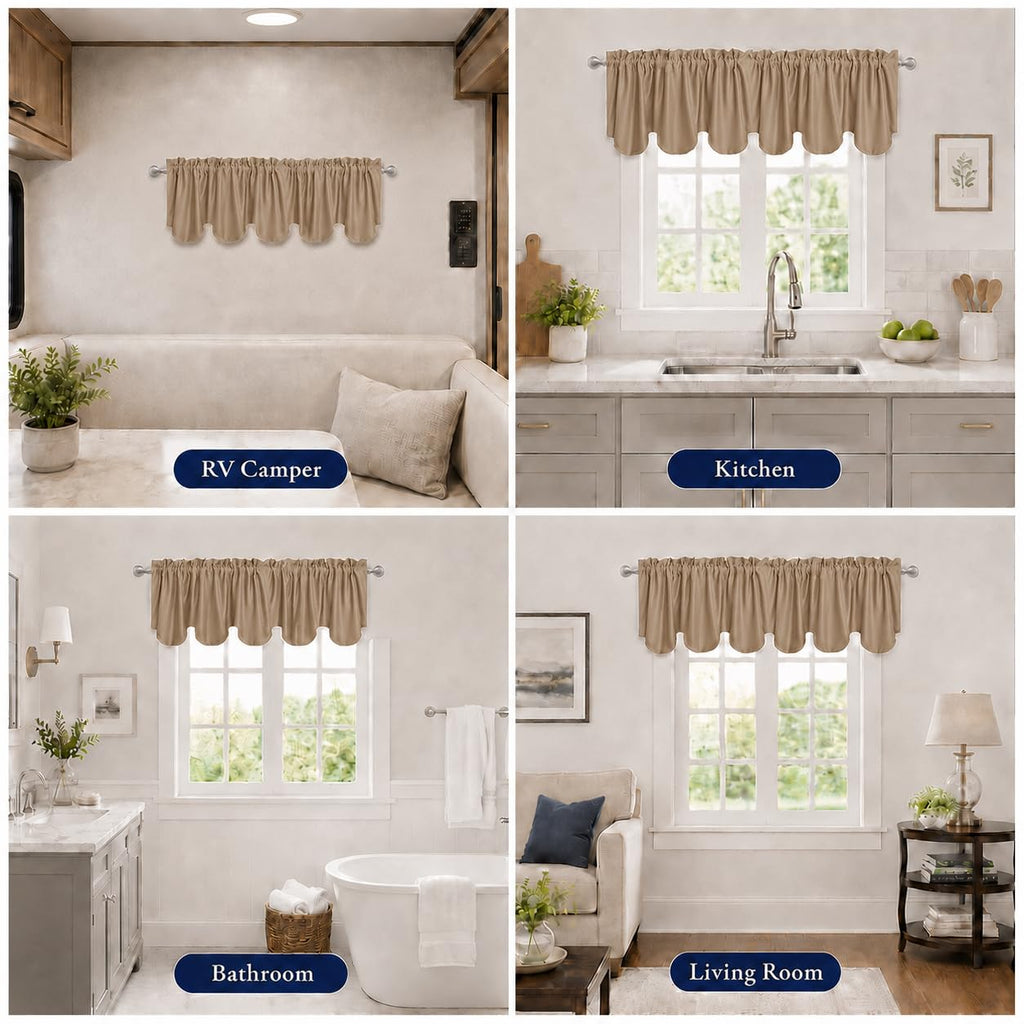 Short Valances for Windows Rod Pocket Blackout Scalloped Valance Solid Decorative Curtain Valence Bedroom, 52inch