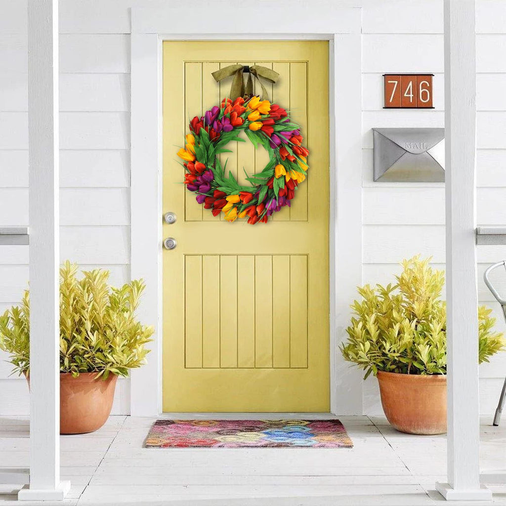 20 Inch Tulip Wreath for Front Door, Spring Summer Silk Wreath