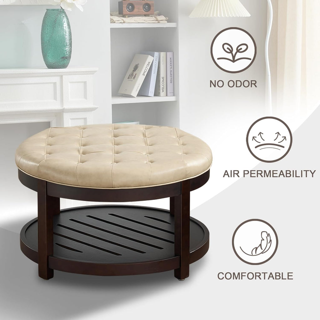 Round Coffee Tables ,33'' Storage Ottoman with Wooden Tray, Upholstered Ottoman Footrest, Ivory
