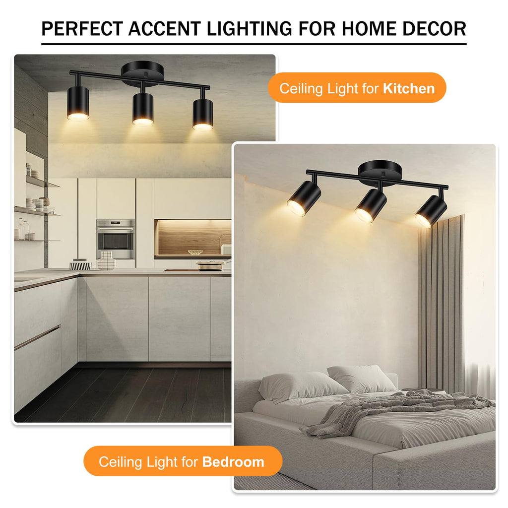 LED Track Lighting Fixtures Ceiling, Black 3-Light Track Lights, 3 Way Ceiling Spotlight, Flexibly Rotatable Wall