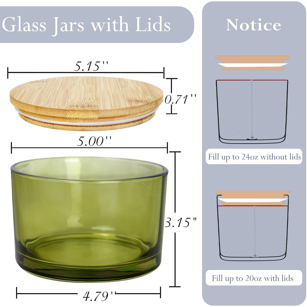 6 Pack 24oz Olive Green Glass Candle Jars with Airtight Bamboo Lids