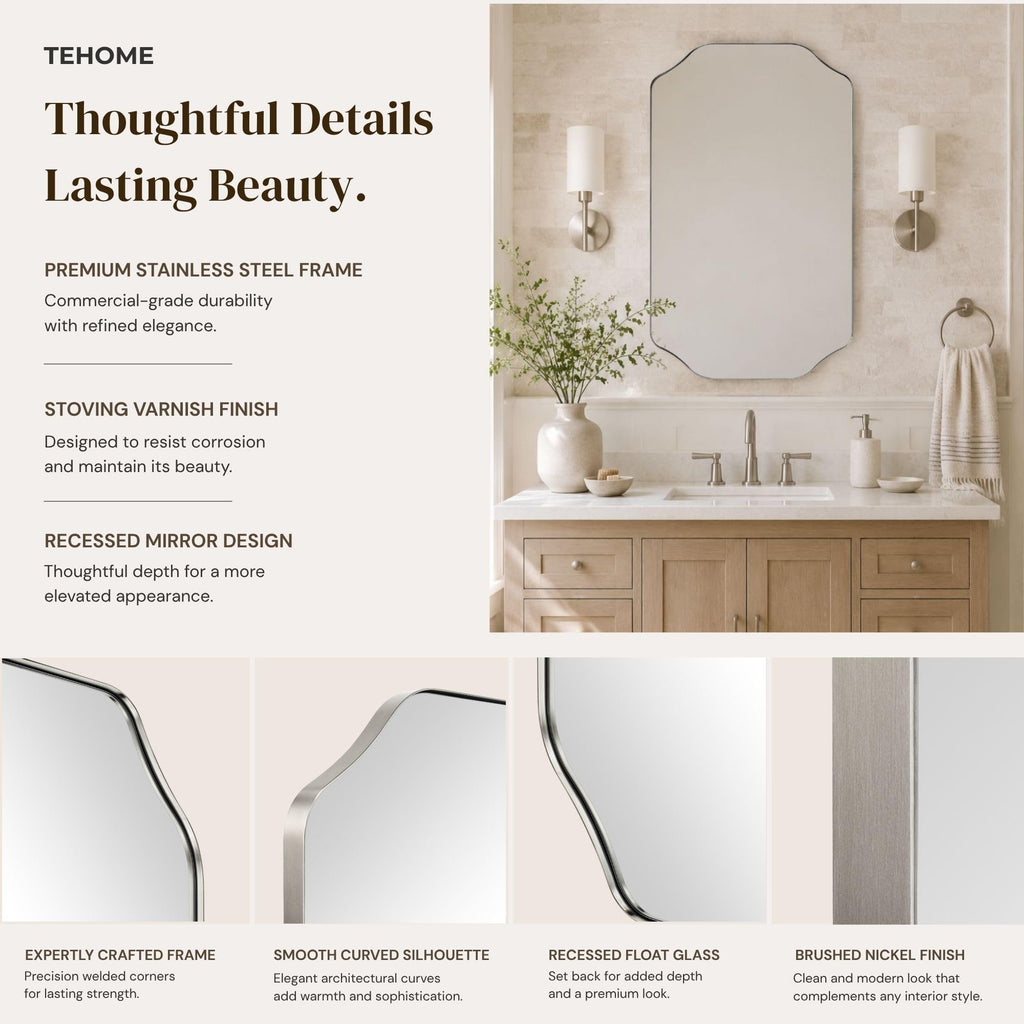 Brushed Nickel Scalloped Bathroom Vanity Mirror 20x30'' Decorative Silver Metal Framed Asymmetrical Bathroom Mirror