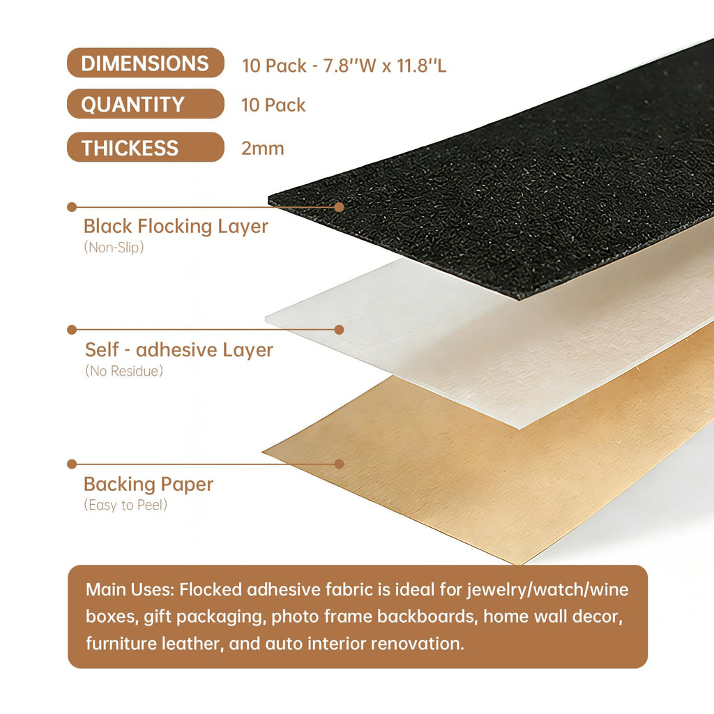 Black DIY Self Adhesive Sheets 10 Packs, Felt Flock Backing Paper Fabric (7.8''W x 11.8''L) Soft Peel & Stick Liner