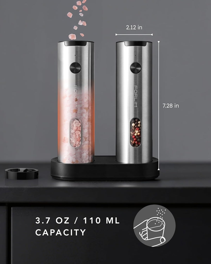 Electric Salt and Pepper Grinder Set Rechargeable, Auto Salt and Pepper Grinder set with Charging Base, Adjustable - Set of 2