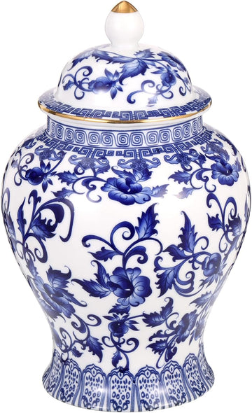 Chinoiserie Ginger Jar with Gilt Edges,7.87 Inch Ceramic Blue and White Ginger Jar with Lid,Porcelain Ginger Jars