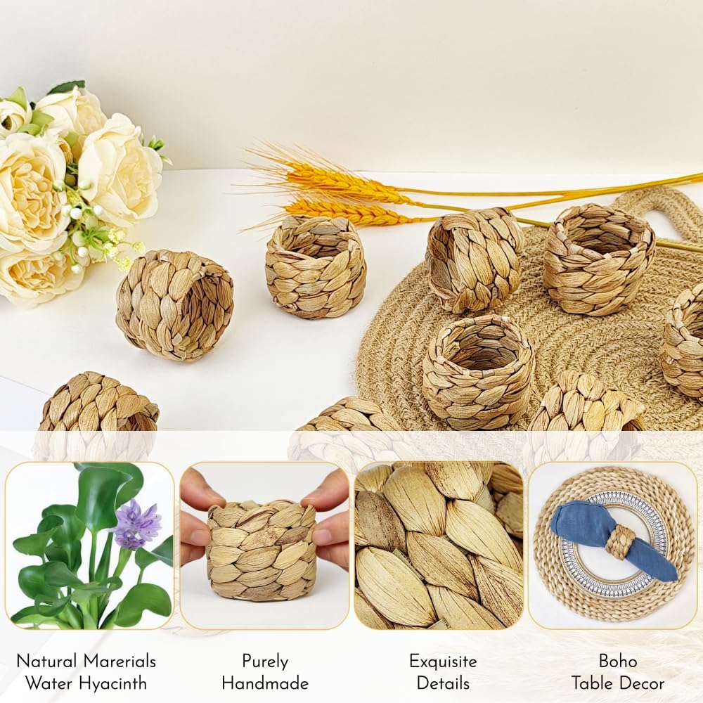 Rattan Woven Napkin Rings Natural Rustic Boho Napkin Ring - Set of 12