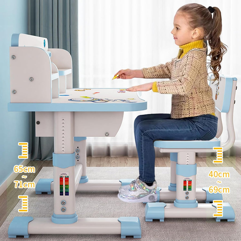 Kids Functional Desk and Chair Set, Height Adjustable Children School Study Table Chair Set with Cartoon Pattern