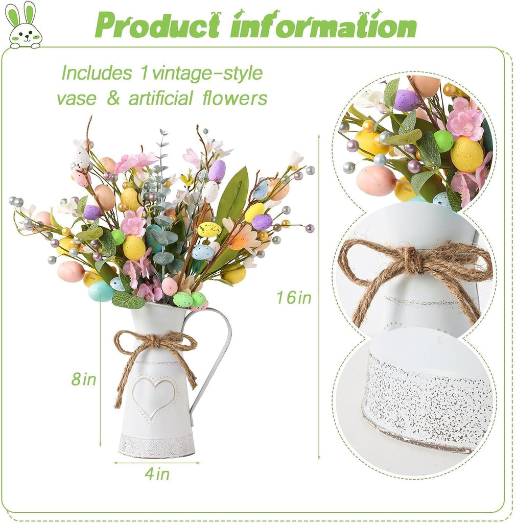 Easter Decorations: Rustic Easter Flowers Artificial Easter Eggs with Metal Pitcher Vase, Table Centerpieces Floral - Set of 17
