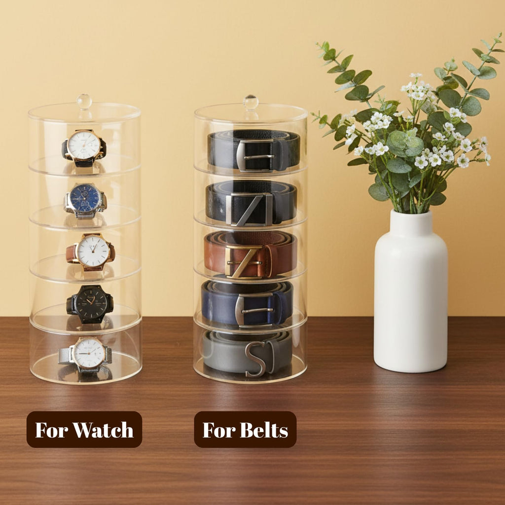 5 Layers Acrylic Belt Organizer, Stackable Belt Storage Box Clear Display Case Vanity Organizer for Watch, Hair