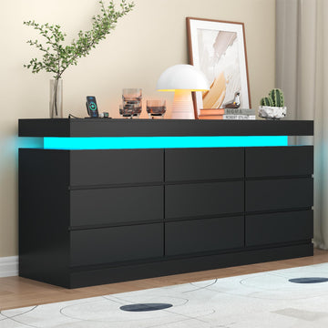 9 Drawer Dresser with Power Outlet, Modern Dresser with LED Light