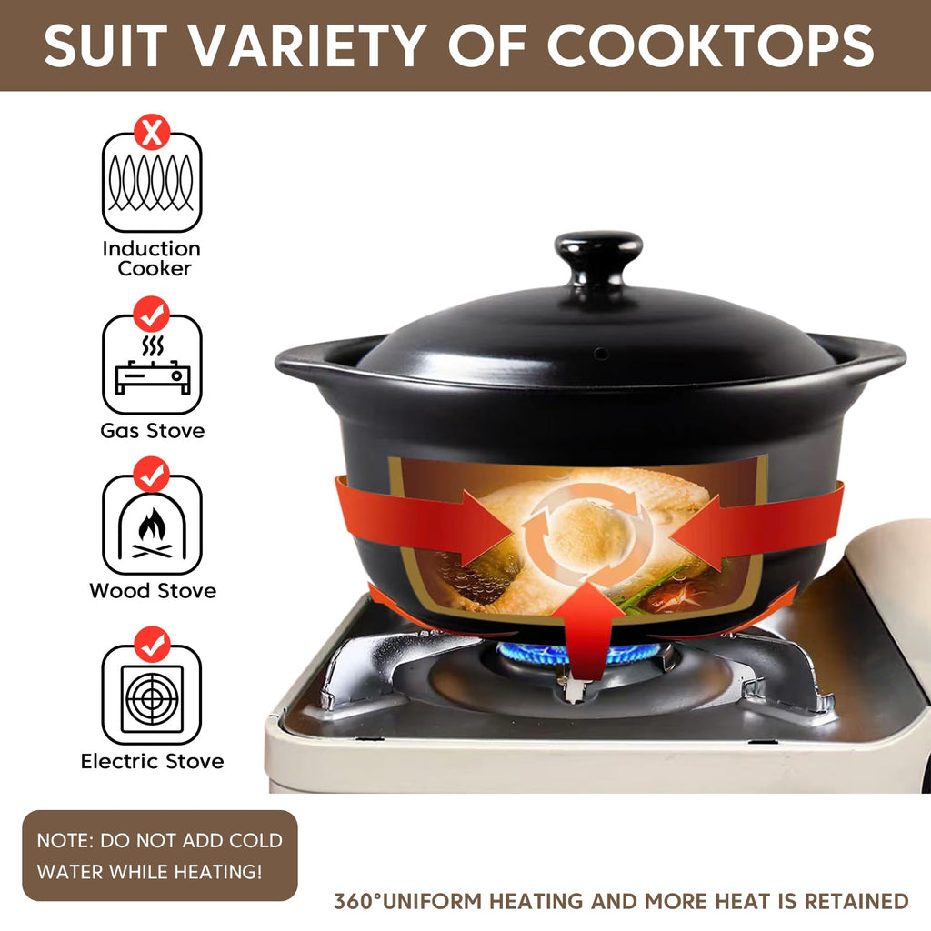 Ceramic Pots Casserole Soup Bowl with Lid Large Stock Clay Pot for Cooking (Black, 3.4 Quart)
