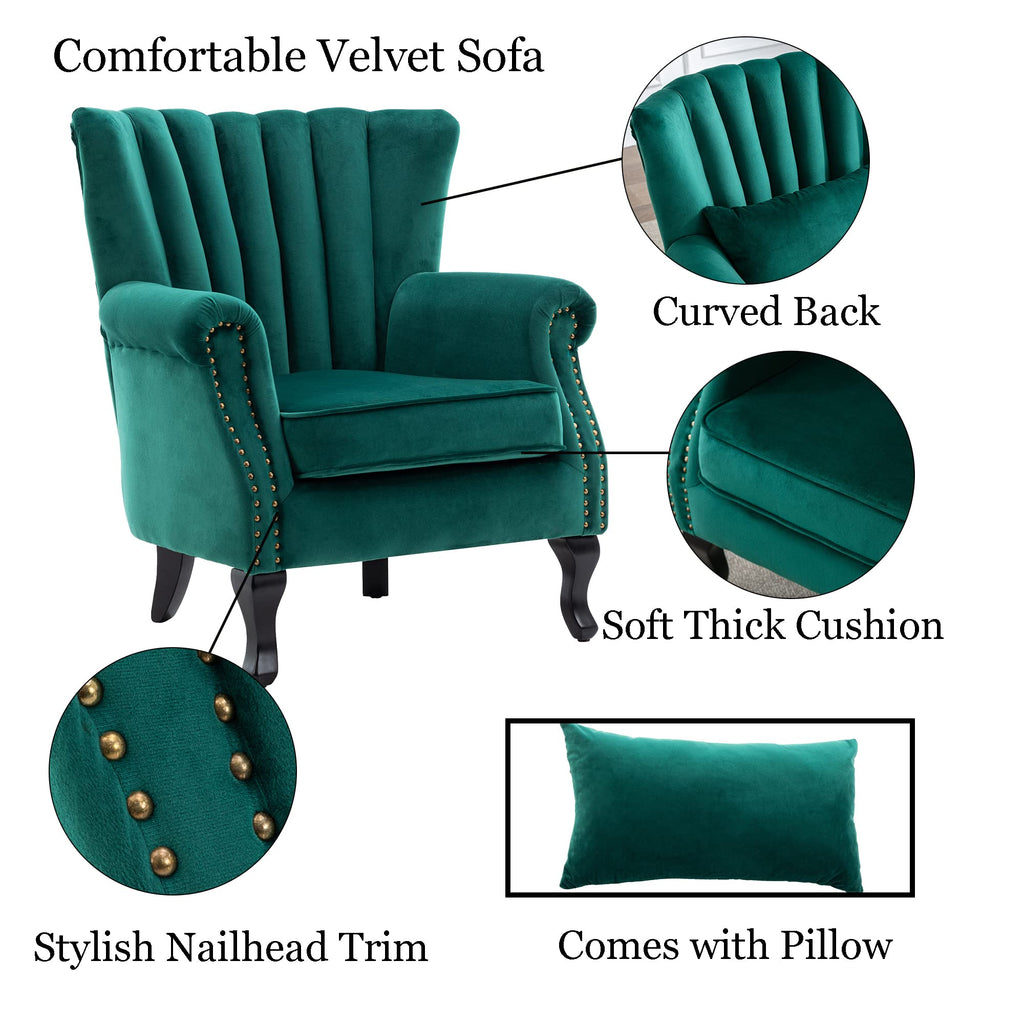 Mid Century Accent Chair Modern Tufted Wingback Armchairs Club Chair Velvet Fabric Single Sofa Lounge Chair with