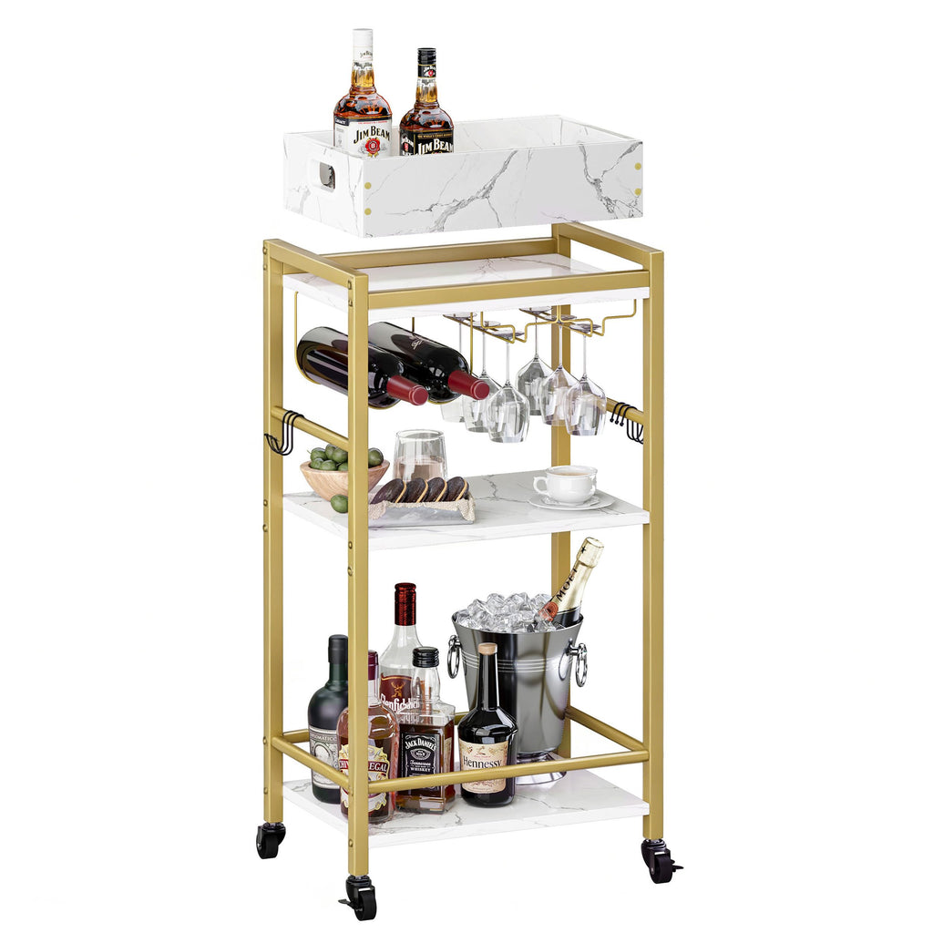3-Tier Gold Bar Cart with Removable Tray, Small Bar Carts with Wheels, Rolling Beverage Cart, Drink Cart, Gold Wine