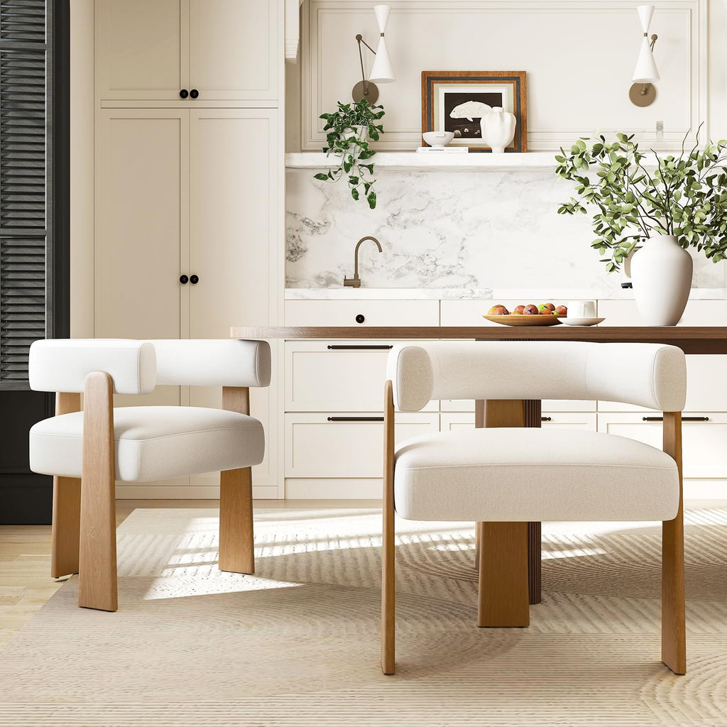 Set of 2 Modern Boho Barrel Dining Chairs with Wood Legs, White Upholstered Accent Armchairs with Thick Padded