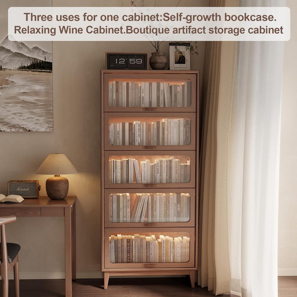 5 Tier Solid Wood Bookcase with Tempered Glass Doors Elegant Wooden Book Shelf with Doors 72H/32w/14 inch Log Khaki