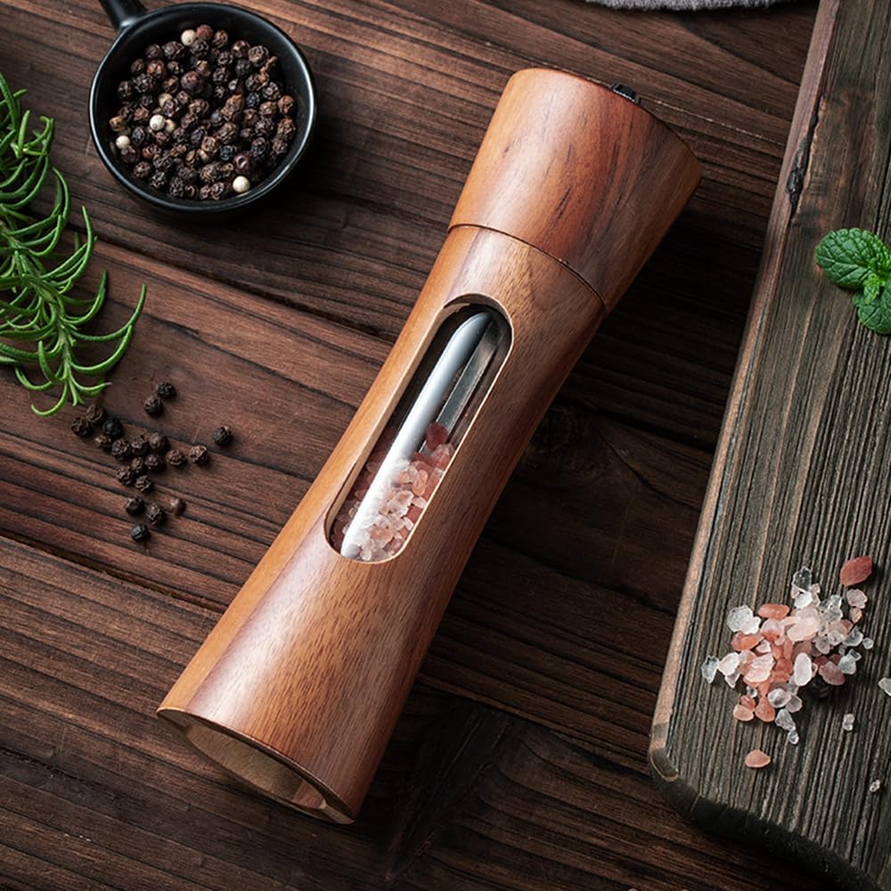 Wooden Salt and Pepper Grinder Set with Tray, 8 Inch Manual Salt & Pepper Shakers with Adjustable Coarseness, Salt - Set of 2
