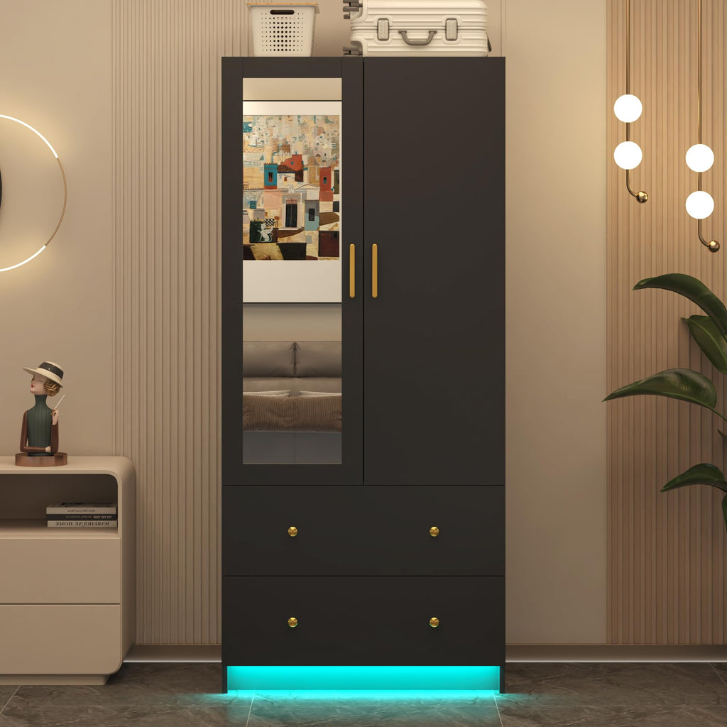 2 Door Wardrobe Closet with Mirrors and LED Lights, Small Bedroom Armoire with Drawers, Modern Wooden Armoire
