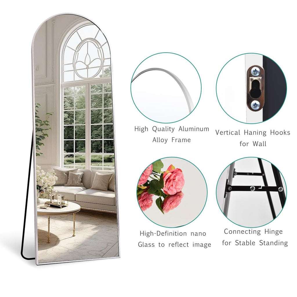 65"x22" Full Length Mirror, Arched Floor Mirror with Stand, White